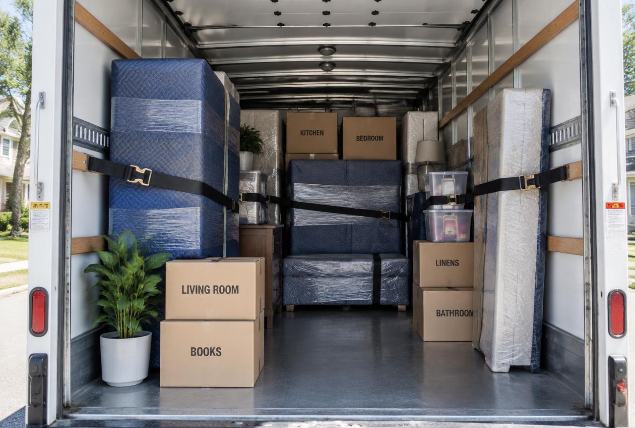 Furniture loaded and strapped inside a Gone2Day moving truck
